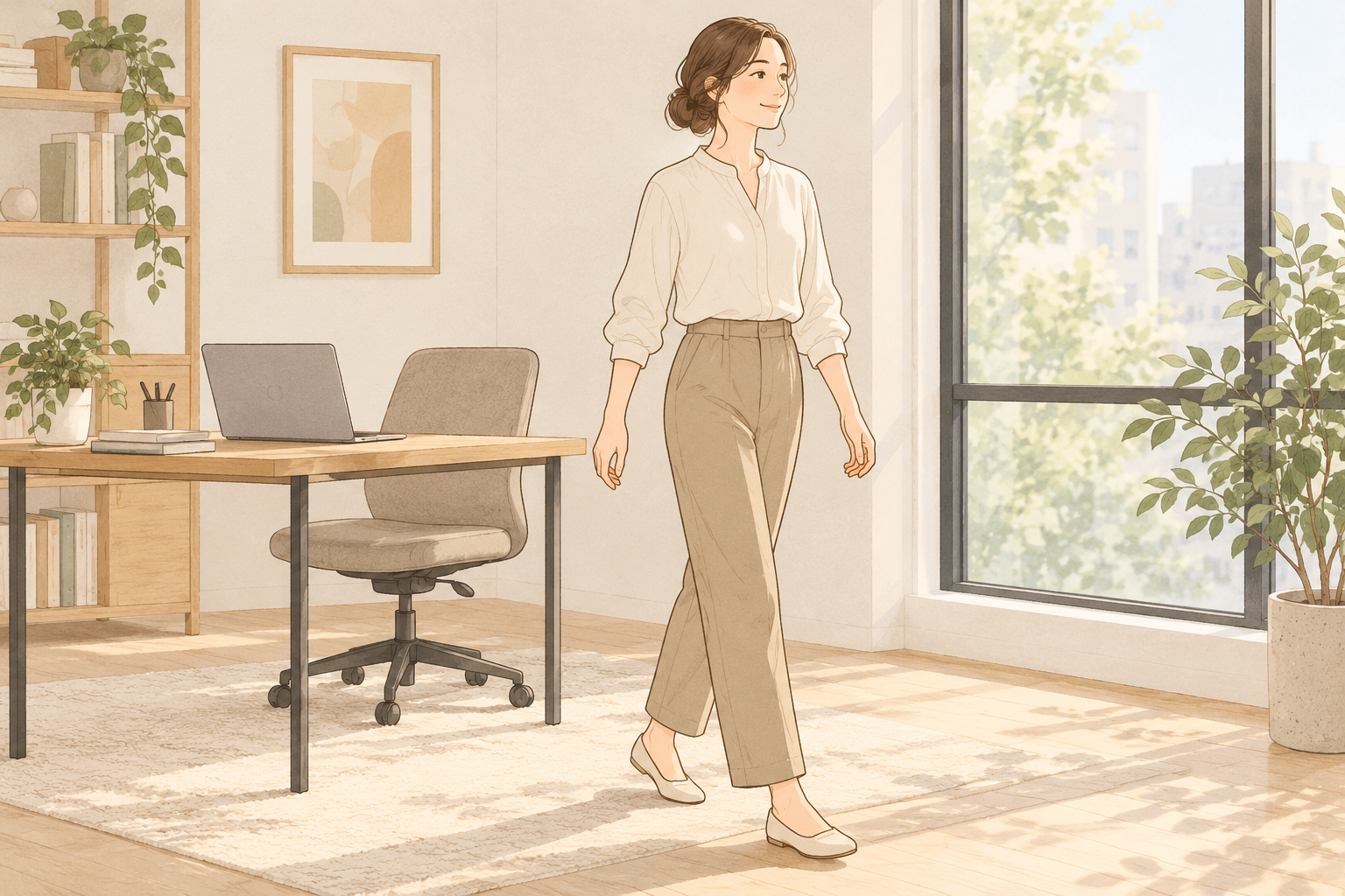 デスクワークの合間に休憩する場面を描いた説明用イラスト
