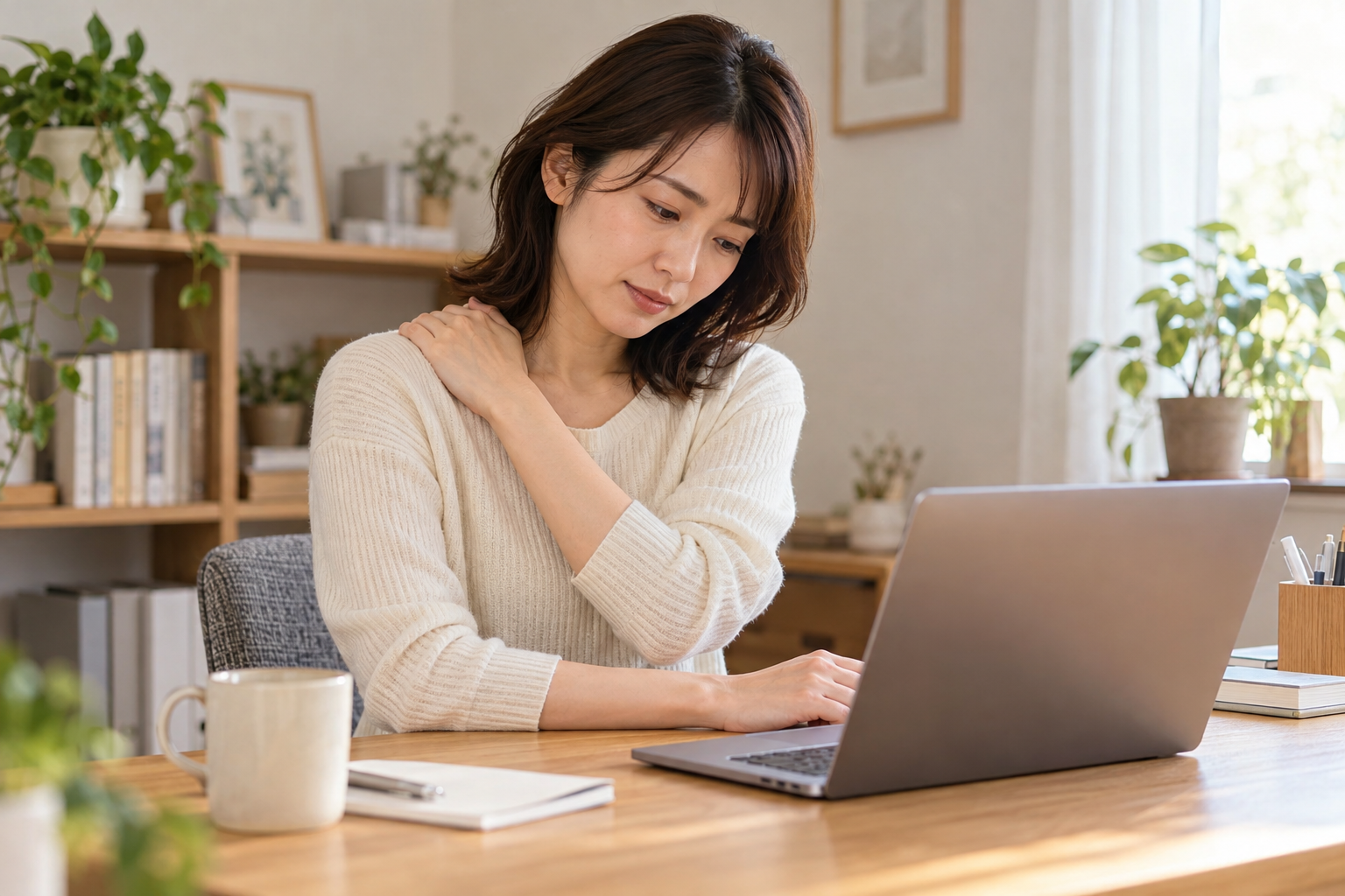 デスクワーク中に肩に手を添える女性の説明用生成画像